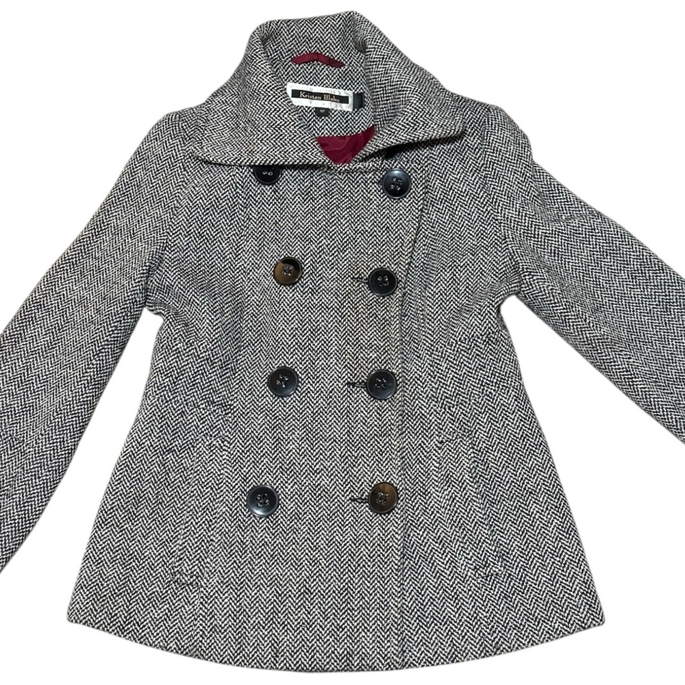 Kristen Blake herringbone Italian wool blend‎ double breasted Peacoat Sz 4p